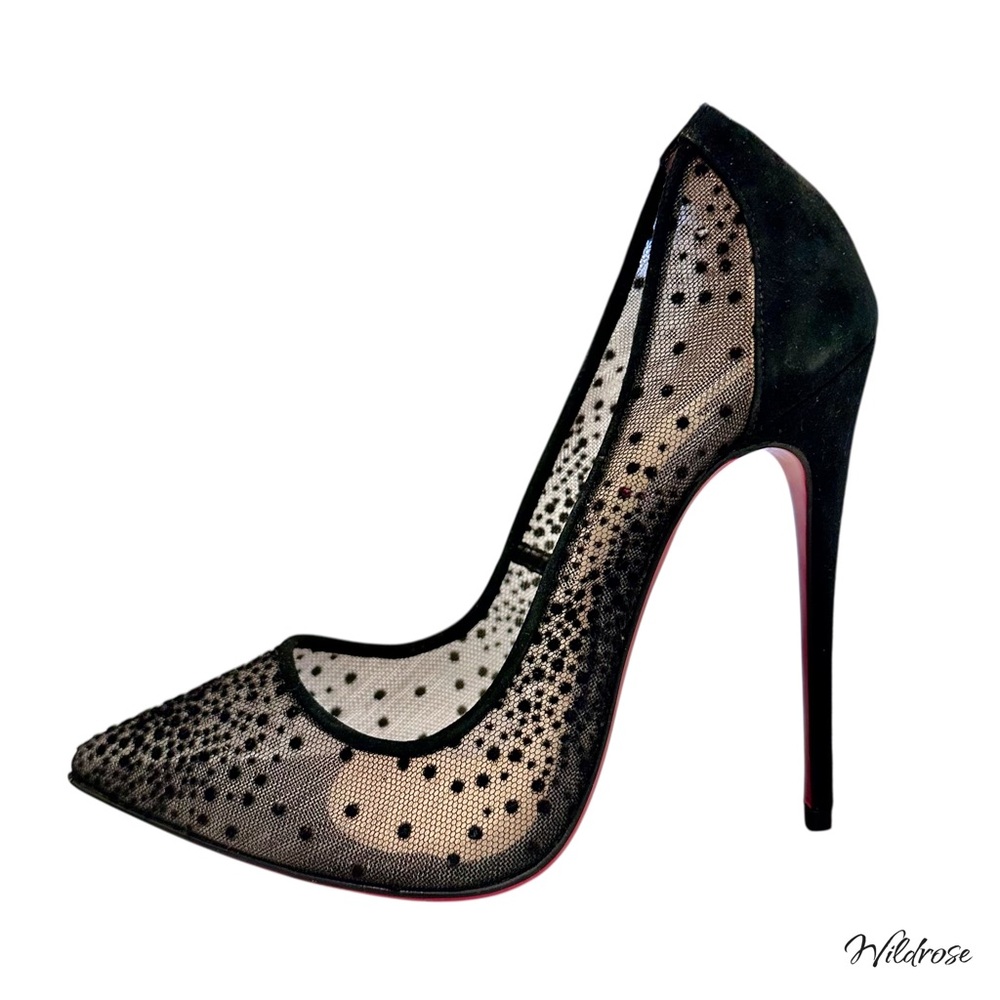 Christian Louboutin Follies Strass Black Flocked Polka Dot Mesh Pumps EU 35 US 5